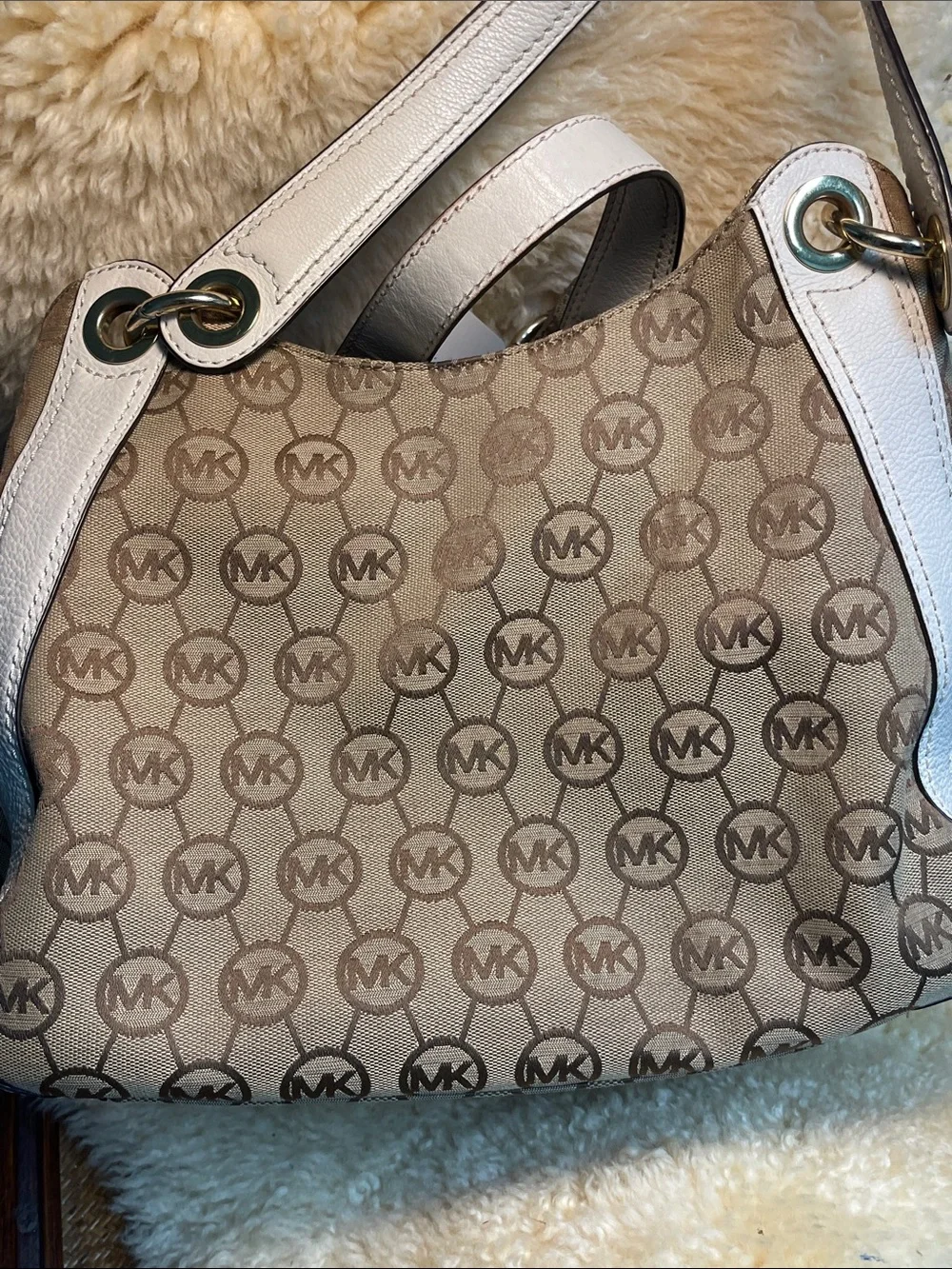 Michael Kors Beige Signature Drawstring Shoulder Bag with White Trim